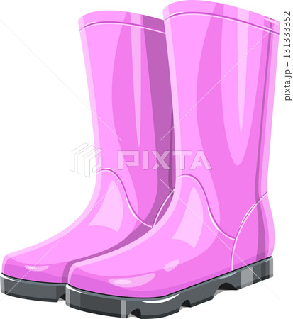 A pair of vibrant pink rain boots stand ready to keep feet dry in style on wet days. 131333352