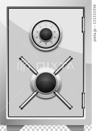 Illustration of a silver safe with combination lock, a cross-shaped handle, and hinges. 131333356