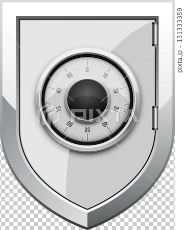 Stylized safe with combination lock and security shield design for financial protection. 131333359