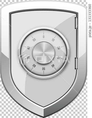 A metallic shield shape with a combination lock on its center, representing security concept. 131333360