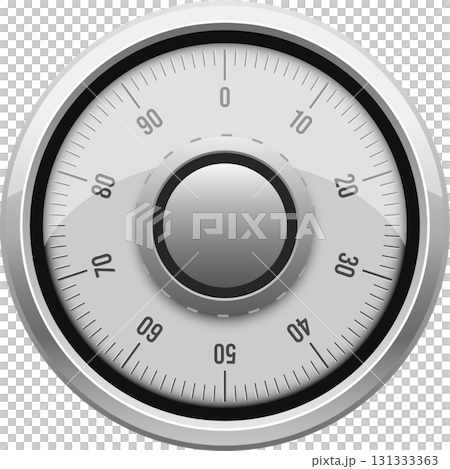 A metallic gray safe dial with embossed number markings from 0-90. The dial is shiny. 131333363