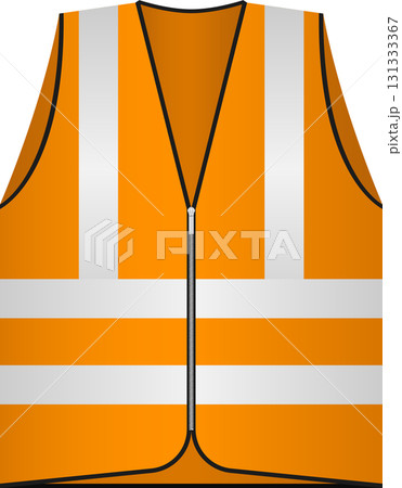 An orange reflective safety vest with white horizontal and vertical stripes and black trim. 131333367