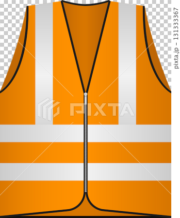 An orange reflective safety vest with white horizontal and vertical stripes and black trim. 131333367