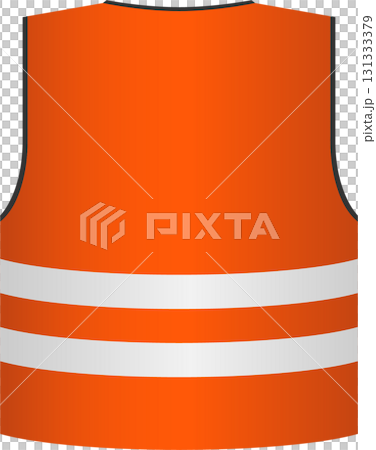 A bright orange safety vest with reflective white stripes, designed for high visibility apparel. 131333379