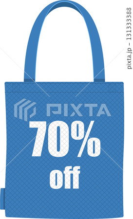 Blue reusable tote bag with seventy percent off promotional sale advertisement on the front Blue reusable tote bag with seventy percent off promotional sale advertisement on the front 131333388