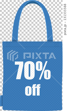 Blue reusable tote bag with seventy percent off promotional sale advertisement on the front Blue reusable tote bag with seventy percent off promotional sale advertisement on the front 131333388