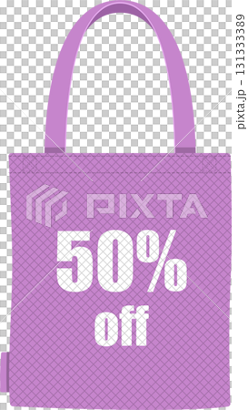 Promotional purple tote bag with diamond pattern displaying a sales discount of fifty percent. 131333389