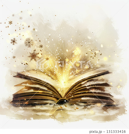 Magic glowing book with golden light and snowflakes Magic glowing book with golden light and snowflakes 131333416
