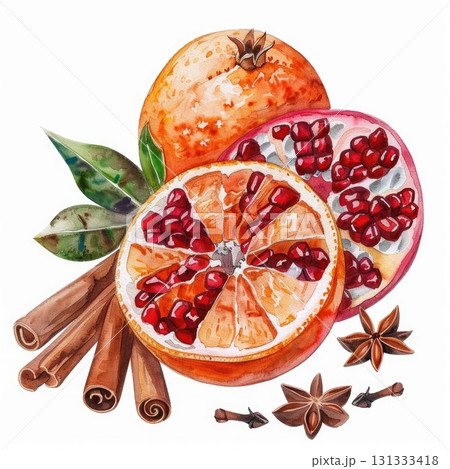 Watercolor fruits and spices with orange and pomegranate Watercolor fruits and spices with orange and pomegranate 131333418