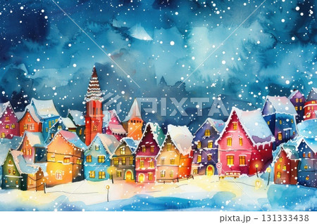 Colorful winter village with snow and Christmas lights watercolor 131333438