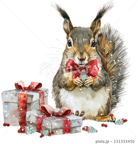 Cute squirrel with Christmas gifts watercolor illustration 131333450