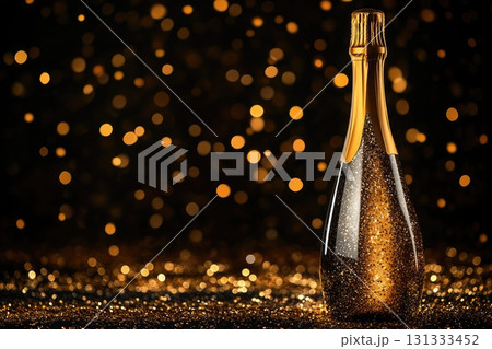 Golden champagne bottle with sparkling glitter background 131333452