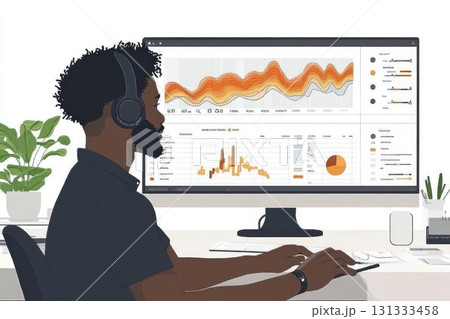 Man working with data analytics on computer illustration Man working with data analytics on computer illustration 131333458