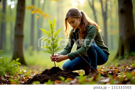 woman planting a tree, weeding and digging in the garden for environment 131333505