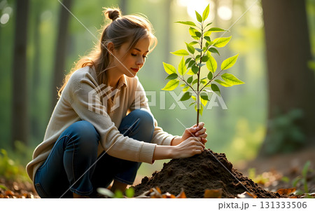 woman planting a tree, weeding and digging in the garden for environment woman planting a tree, weeding and digging in the garden for environment 131333506