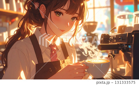 カフェでラテアートを入れる美少女バリスタ カフェでラテアートを入れる美少女バリスタ 131333575