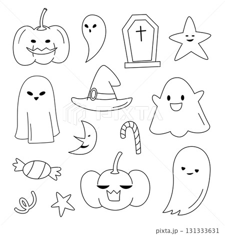 Halloween cartoon line set for coloring book and illustration. Element of cute ghost, candy and pumpkin  131333631