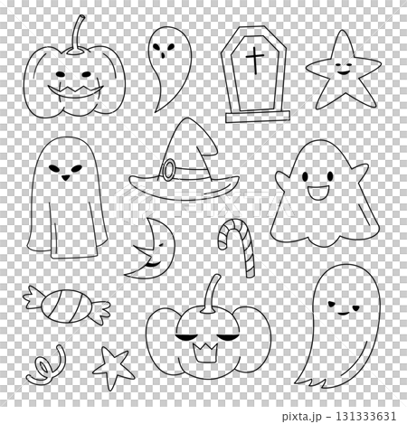 Halloween cartoon line set for coloring book and illustration. Element of cute ghost, candy and pumpkin  131333631