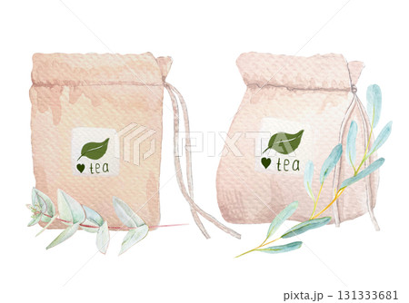 Tea bag with eucalyptus branches. Watercolor illustration on white. Minimalistic botanical design perfect for packaging, organic branding, natural lifestyle concepts, eco-friendly product decor. Tea bag with eucalyptus branches. Watercolor illustration on white. Minimalistic botanical design perfect for packaging, organic branding, natural lifestyle concepts, eco-friendly product decor. 131333681
