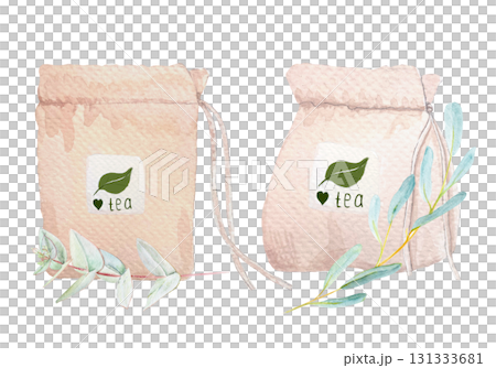Tea bag with eucalyptus branches. Watercolor illustration on white. Minimalistic botanical design perfect for packaging, organic branding, natural lifestyle concepts, eco-friendly product decor. 131333681