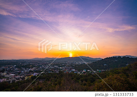 Aerial view of Sunset Over Mountain Town 131333733