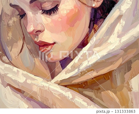 静かに目を閉じる女性の油彩画風ポートレートのイラスト素材