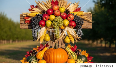 A harvest cross decorated with fruits, vegetables, and wheat. 131333954