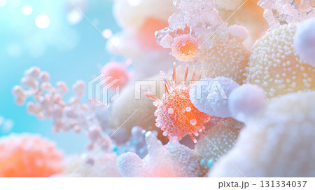 Microscopic view of vibrant virus cell in a colorful digital illustration 131334037
