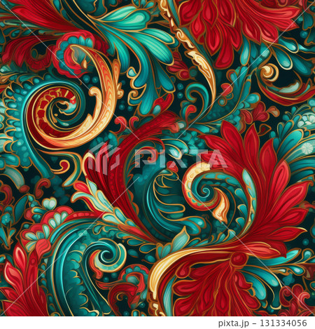 Paisley pattern with floral elements on red background, highly detailed 131334056