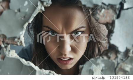 Intense woman's gaze through a cracked wall. 131334188