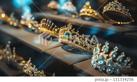 Elegant crowns glittering with jewels. 131334256