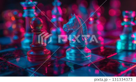 Chess pieces on board under neon lights. 131334373