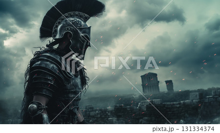 Warrior in armor overlooking an ancient battlefield. 131334374