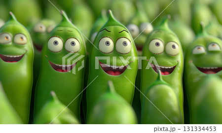 Grinning pea pods enjoying a lively chat. 131334453