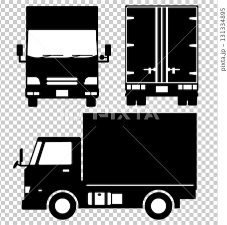 Black and white silhouette of truck front, rear and side view (van body type) 131334895