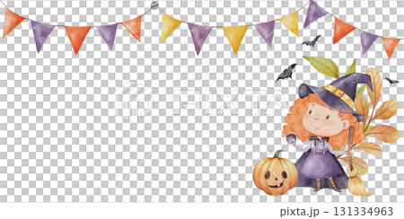 Watercolor halloween frame with a cute little witch holding a broom, festive bunting on top, pumpkin and autumn leaves beside her, bats flying around, isolated on white background, perfect for 131334963