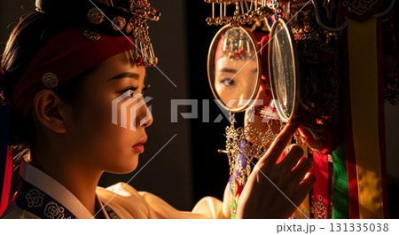 Asian woman in traditional Korean hanbok costume applying makeup while looking at ornate bronze mirror with decorative hair accessories and jewelry in candlelit setting 131335038