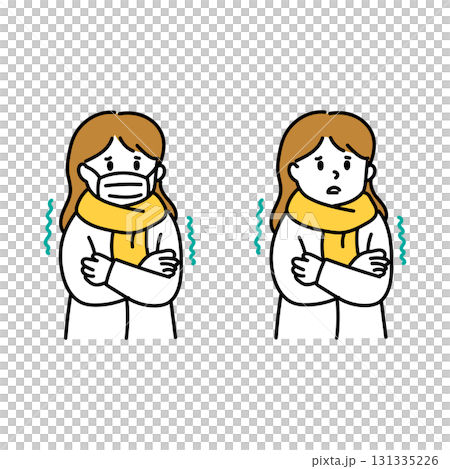 寒がる女性のイラストセット　マスクありなし 131335226