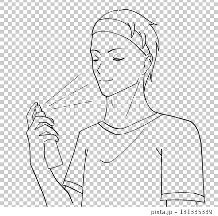 Black and white illustration of a man spraying lotion mist on his face Black and white illustration of a man spraying lotion mist on his face 131335339