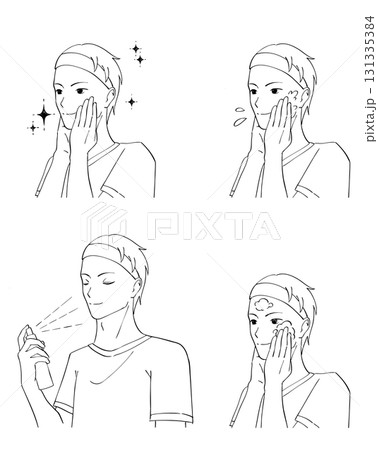 化粧水ミストを顔にかける男性の白黒イラストセット 131335384