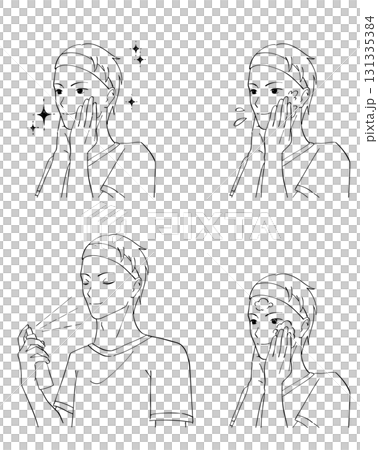 Black and white illustration set of a man spraying lotion mist on his face Black and white illustration set of a man spraying lotion mist on his face 131335384