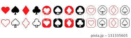 ドット絵トランプアイコンセット ハート・スペード・ダイヤ・クローバー ドット絵トランプアイコンセット ハート・スペード・ダイヤ・クローバー 131335605