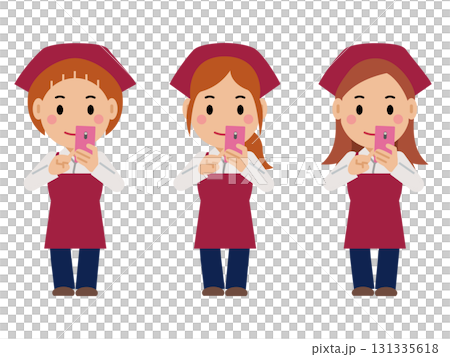 A woman in a crimson apron and a headscarf using her smartphone. Part 2 A woman in a crimson apron and a headscarf using her smartphone. Part 2 131335618