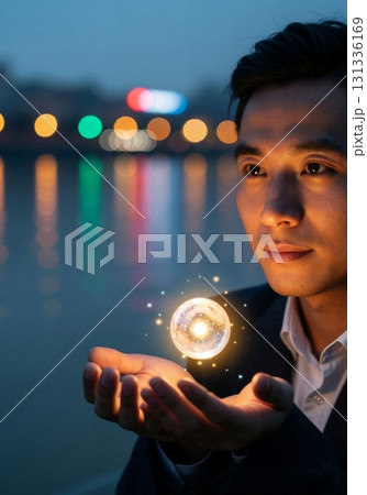 Young businessman holding a glowing orb of light. Future technology, innovation, and creative idea concept. Man with a magical sphere at night 131336169