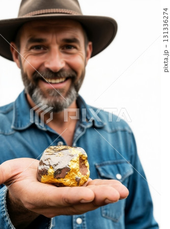 A happy prospector holds a large gold nugget. Successful man smiling after a valuable discovery. Wealth and fortune from mining concept A happy prospector holds a large gold nugget. Successful man smiling after a valuable discovery. Wealth and fortune from mining concept 131336274