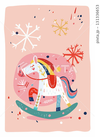 Rocking horse toy with a multicolored mane on a pink background with snowflakes. Flat vector children s illustration. Christmas and winter holiday concept. Vintage design for a children s room. Rocking horse toy with a multicolored mane on a pink background with snowflakes. Flat vector children s illustration. Christmas and winter holiday concept. Vintage design for a children s room. 131336653