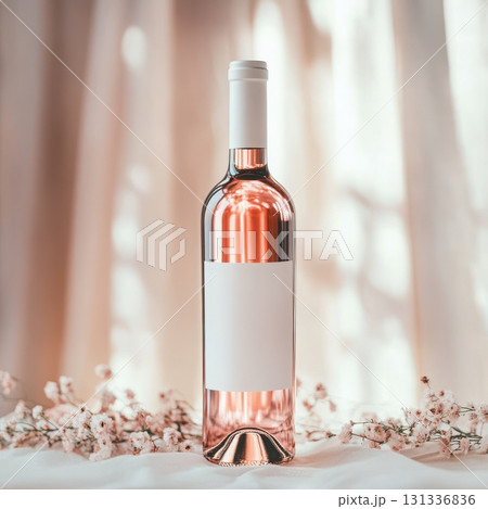 Blush rose wine bottle mockup for bridesmaid announcement or wedding favors. 131336836