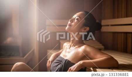 サウナで気持ちよさそうに体を伸ばす日本人女性 131336881