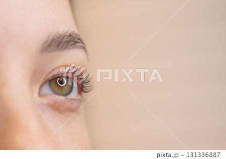 Close-up of a woman's eye after eyelash lamination procedure. Close-up of a woman's eye after eyelash lamination procedure. 131336887