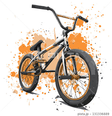 Freestyle BMX bicycle illustration with orange paint splash background and urban style. Extreme sports theme. 131336889